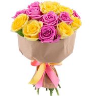 Pink and yellow roses in a bouquet