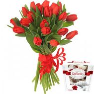 25 красных тюльпанов с рафаэлло