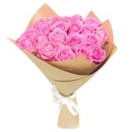 25 pink roses in kraft paper