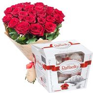 Bouquet of 25 roses and Raffaello