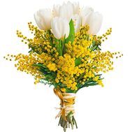 Оригінальний букет білих тюльпанів і мімози