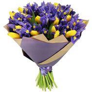 Карколомний букет жовтих тюльпанів і синіх ірисів