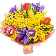 Яскравий букет мімози, ірисів і тюльпанів