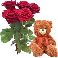 5 red roses and Teddy bear