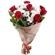 Bouquet of red roses and white chrysanthemums in paper