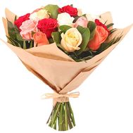 Bouquet of multicolored roses on a short stalk