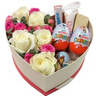 Composition with a spray rose with Kinder and Raffaello