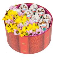 Box with chrysanthemums and kinder