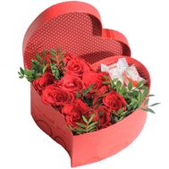 Box with roses and Raffaello in the form of heart