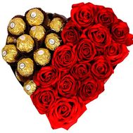 Heart box with roses and ferrero