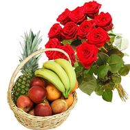 Fruit Basket and 11 red roses