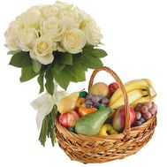Fruit Basket and 15 White Roses