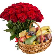 Кошик фруктів і 51 червона троянда