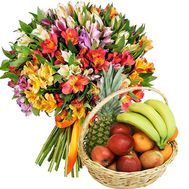Fruit basket and bouquet of alstroemerias