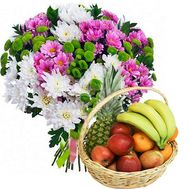 Fruit basket and bouquet of chrysanthemums