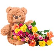 Teddy bear with multi-colored roses