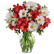 Bouquet of white chrysanthemums and red alstroemerias