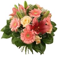 Bouquet of flowers from gerberas, roses and lilies