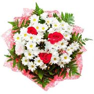 Bouquet of flowers from 3 roses and 6 chrysanthemums with verdure