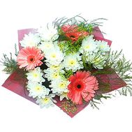 Bouquet of flowers from 4 chrysanthemums and 3 gerberas with verdure