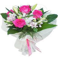 Bouquet of flowers from 1 lilies, 5 roses and 5 alstroemerias