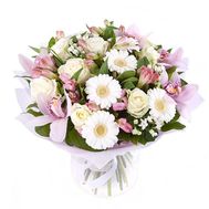 Букет цветов из 4 орхидей, 7 роз, 5 гербер, 7 альстромерий