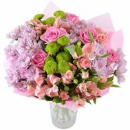 Bouquet of flowers from 6 roses, 5 alstroemerias and 6 chrysanthemums