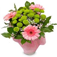 Bouquet of flowers from 3 gerberas, 4 chrysanthemums and gipsofily