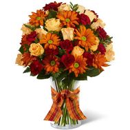 Букет цветов из 13 роз, 9 гербер и 10 гвоздик