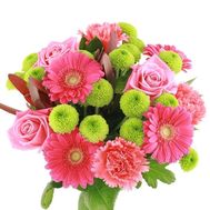 Bouquet of flowers from 3 roses, 4 gerberas, 5 chrysanthemums and 3 carnations