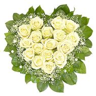 Heart of 17 white roses with gypsophila