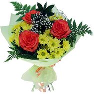 Bouquet of flowers from 4 chrysanthemums and 3 roses
