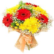 Bouquet of flowers from 4 gerberas and 3 yellow chrysanthemums