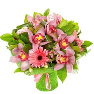 Bouquet of 7 white orchids, 3 gerberas, 5 alstroemerias