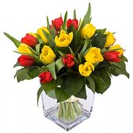 Букет из 23 желтых и красных тюльпанов