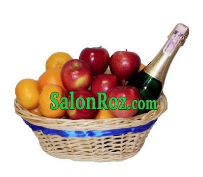 Basket with apples, tangerines and champagne Basket with apples, tangerines and champagne