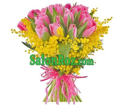 Bouquet of pink tulips and mimosa Bouquet of pink tulips and mimosa