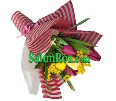 A small bouquet with tulips and mimosa A small bouquet with tulips and mimosa