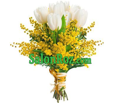 Original bouquet of white tulips and mimosa Original bouquet of white tulips and mimosa
