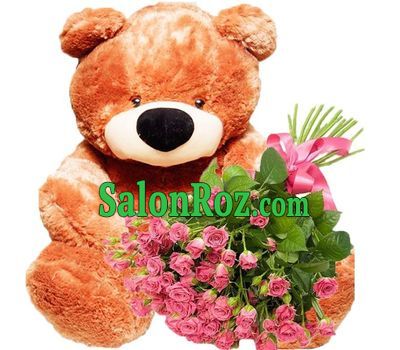 Big teddy bear with bouquet of spray roses Big teddy bear with bouquet of spray roses