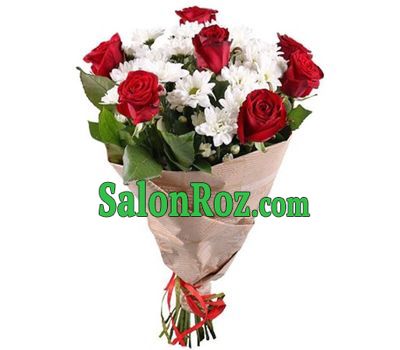 Bouquet of red roses and white chrysanthemums in paper Bouquet of red roses and white chrysanthemums in paper
