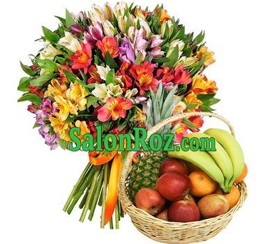 Fruit basket and bouquet of alstroemerias Fruit basket and bouquet of alstroemerias