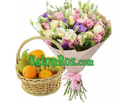 Fruit basket and a bouquet of natural flowers Fruit basket and a bouquet of natural flowers