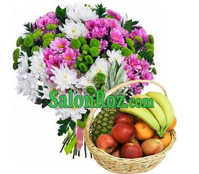 Fruit basket and bouquet of chrysanthemums Fruit basket and bouquet of chrysanthemums