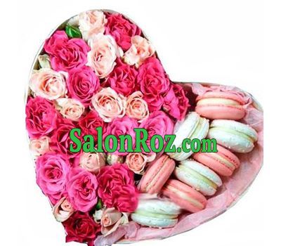 Shrub roses and macarons in a box heart Shrub roses and macarons in a box heart