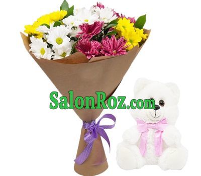 Teddy bear and chrysanthemums in bouquet Teddy bear and chrysanthemums in bouquet