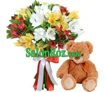 Teddy bear with bouquet of alstroemerias Teddy bear with bouquet of alstroemerias