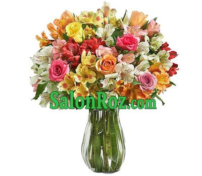 Multicolor roses and alstromeries in bouquet Multicolor roses and alstromeries in bouquet