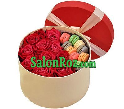 11 red roses with Macarons in a round box 11 red roses with Macarons in a round box