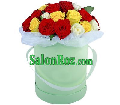 Composition of multi-colored roses in a box Composition of multi-colored roses in a box